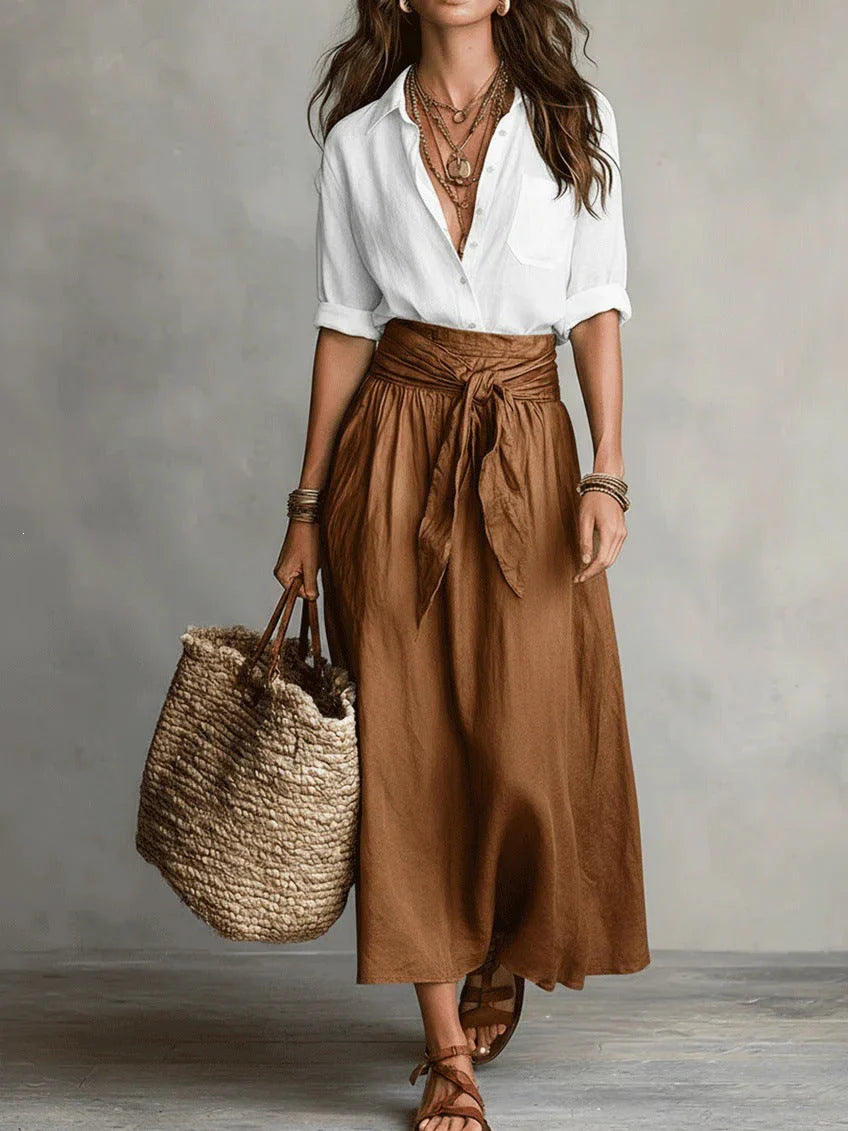 BELLA™ | Conjunto de 2 Piezas: Top Negro y Falda Midi Verde Oliva