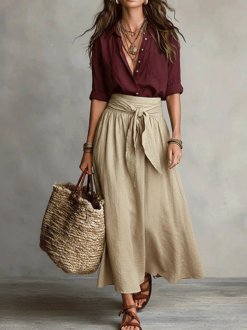 BELLA™ | Conjunto de 2 Piezas: Top Negro y Falda Midi Verde Oliva