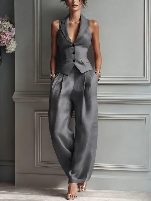 DONNA | Traje de 2 Piezas con Cuello en V y Botones para Mujer