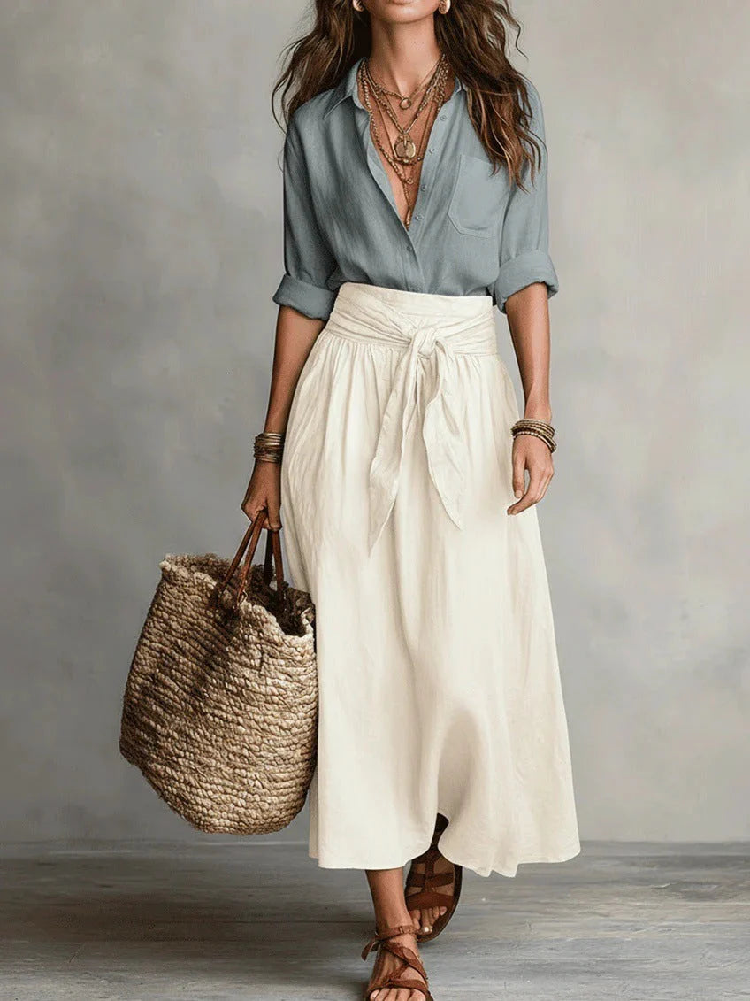 BELLA™ | Conjunto de 2 Piezas: Top Negro y Falda Midi Verde Oliva