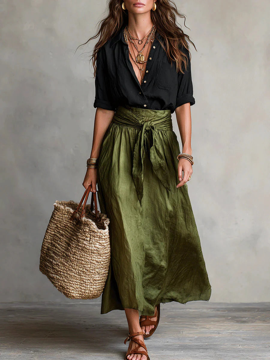BELLA™ | Conjunto de 2 Piezas: Top Negro y Falda Midi Verde Oliva