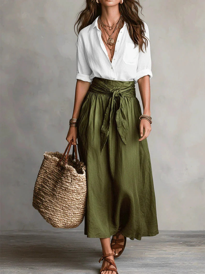 BELLA™ | Conjunto de 2 Piezas: Top Negro y Falda Midi Verde Oliva