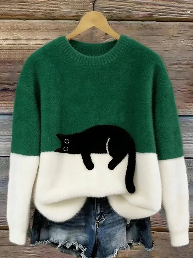 Cristina | Elegante suéter extragrande con estampado de gato